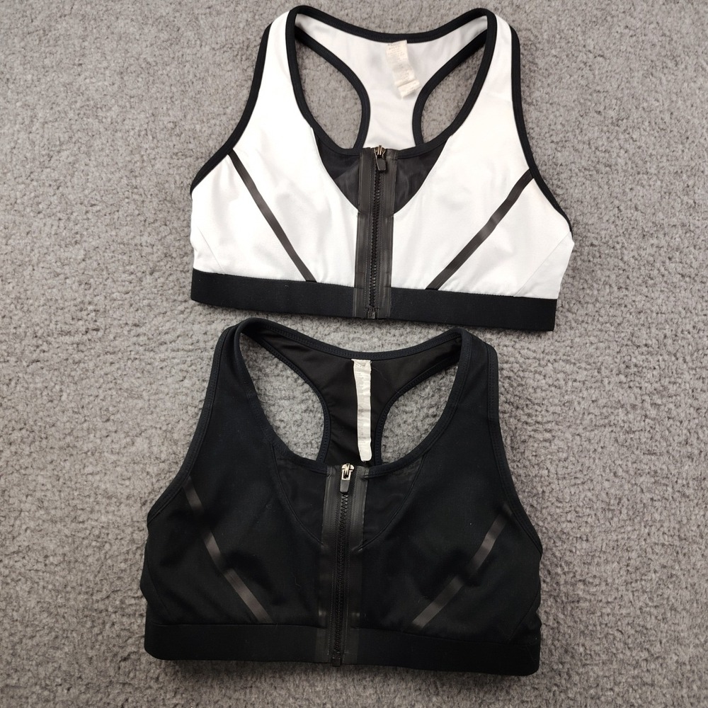 Lot of 2 Fabletics Sports Bra Black White Racerback Mesh Sz Medium Front Zip